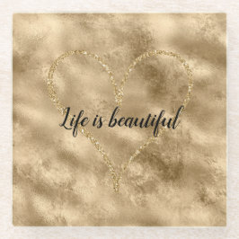 アンティーク金ゴールドグリッターハート ガラスコースター