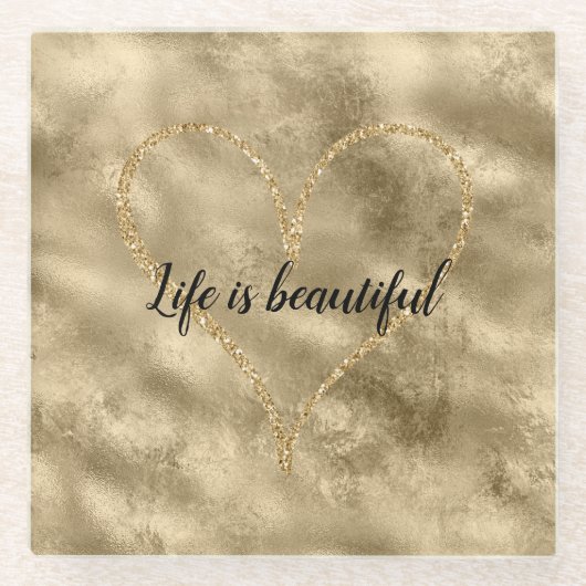 アンティーク金ゴールドグリッターハート ガラスコースター (正面)