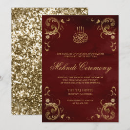 アンティーク金ゴールドフレームブルガンディレッドイスラムMhndi 招待状