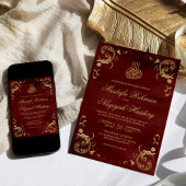 アンティーク金ゴールドフレームブルゴーニュ赤イスラーム結婚ズ 招待状
