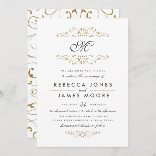 アンティーク金ゴールドフローリッシュモノグラム結婚式招待状 招待状 (正面/裏面)