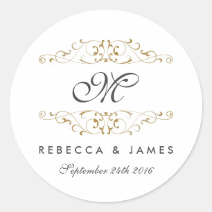 アンティーク金ゴールドフローリッシュモノグラム結婚式用シール ラウンドシール