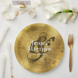 アンティーク金ゴールドメタリック古いマップ結婚の ペーパープレート