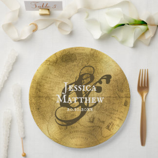 アンティーク金ゴールドメタリック古いマップ結婚の ペーパープレート