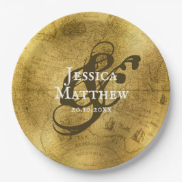 アンティーク金ゴールドメタリック古いマップ結婚の ペーパープレート