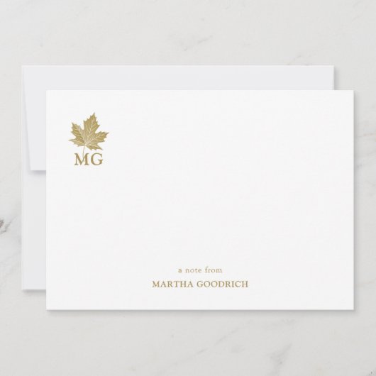 アンティーク金ゴールドメープルリーフモノグラパーソナライズされたム ノートカード (正面)
