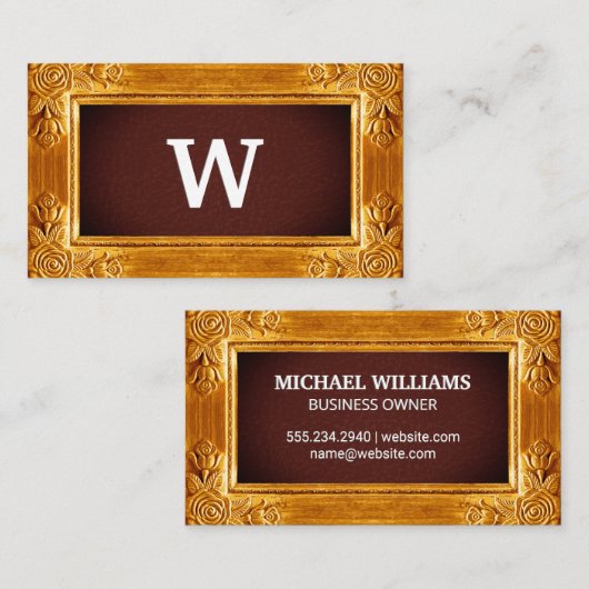 アンティーク金ゴールド枠 |ラグジュアリーレザーテクスチャ 名刺 (正面/裏面)
