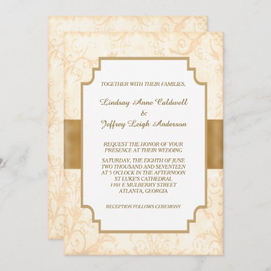 アンティーク金ゴールド縁ど結婚フローラ 招待状 (正面/裏面)