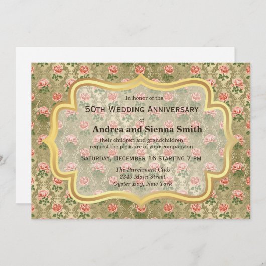 アンティーク金ゴールド記念日のバラ 招待状 (正面/裏面)