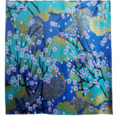 アンティーク金ゴールド青日本の着物フローラ花 シャワーカーテン (正面)