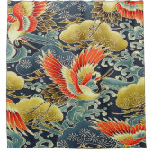 アンティーク金ゴールド青日本の着物フローラ鳥 シャワーカーテン (正面)