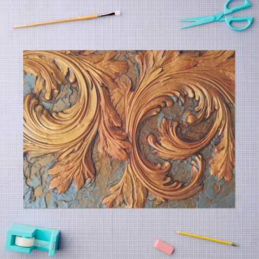 アンティーク銅錆バロックオーナメントほこりっぽいブルー 薄葉紙 (クラフト)