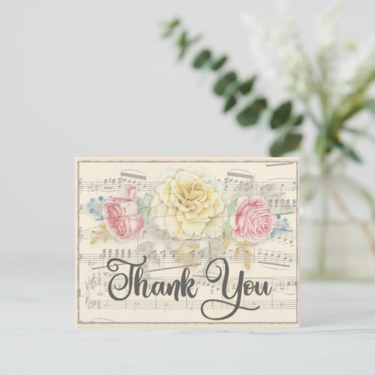 アンティーク音楽とピンクイエローフローラありがとう ポストカード (スタンド正面)
