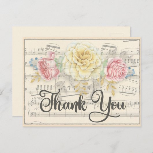 アンティーク音楽とピンクイエローフローラありがとう ポストカード (正面/裏面)