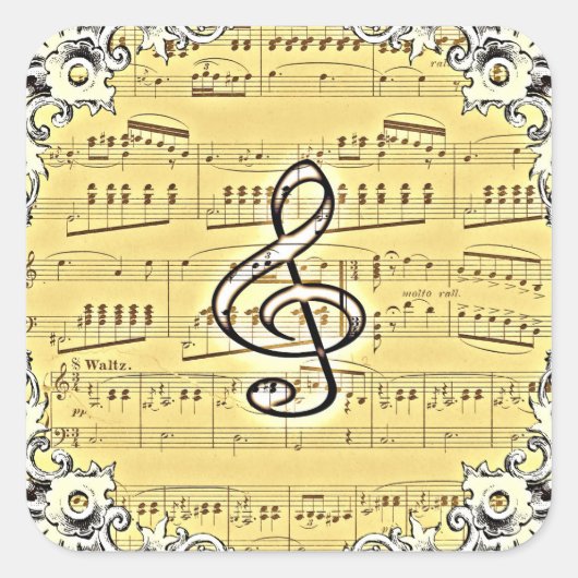 アンティーク音楽トレブルクレフ、 音符記号ヴィンテージデザイン スクエアシール (正面)