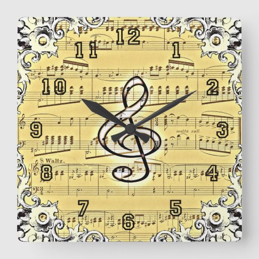 アンティーク音楽トレブルクレフ、 音符記号ヴィンテージデザイン スクエア壁時計 (正面)