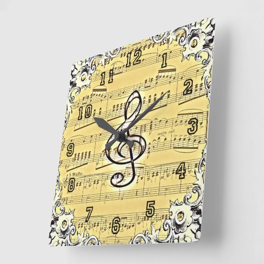 アンティーク音楽トレブルクレフ、 音符記号ヴィンテージデザイン スクエア壁時計 (傾斜)