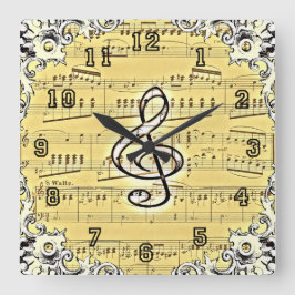 アンティーク音楽トレブルクレフ、 音符記号ヴィンテージデザイン スクエア壁時計