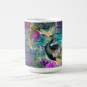 アンティーク風イラストのクジャクと花のグランジ コーヒーマグカップ