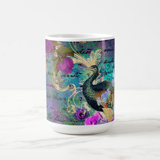アンティーク風イラストのクジャクと花のグランジ コーヒーマグカップ (中央)
