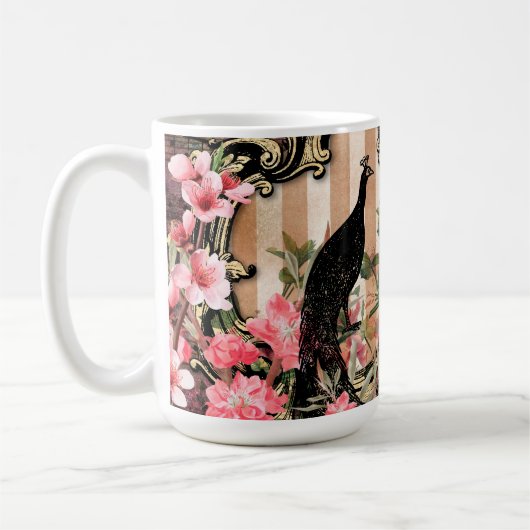 アンティーク風イラストのクジャクと花のグランジ コーヒーマグカップ (左)