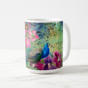 アンティーク風イラストのクジャクと花のグランジ コーヒーマグカップ