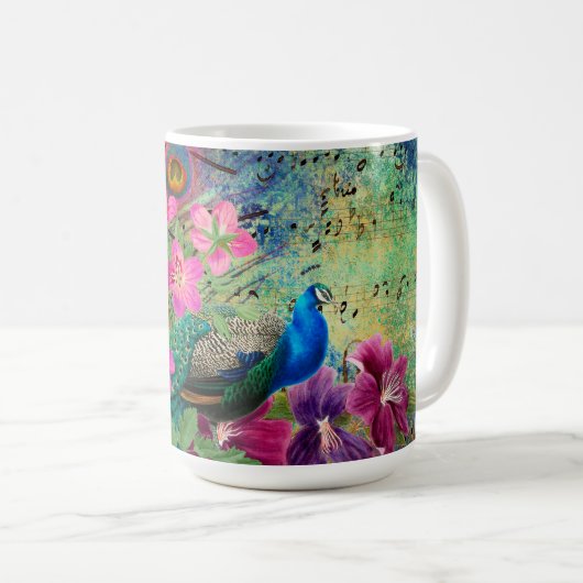 アンティーク風イラストのクジャクと花のグランジ コーヒーマグカップ (正面右)