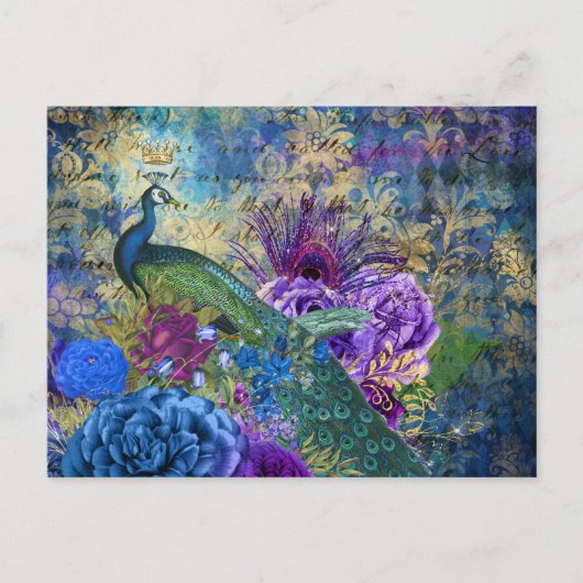 アンティーク風イラストのクジャクと花のグランジ ポストカード (正面)