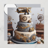 アンティーク飛行機をテーマにしたお誕生日ケーキ 招待状 (正面/裏面)