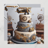 アンティーク飛行機をテーマにしたお誕生日ケーキ 招待状 (正面/裏面)
