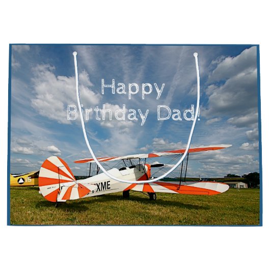 アンティーク飛行機バイプレーンカスタム誕生日 ラージペーパーバッグ (正面)