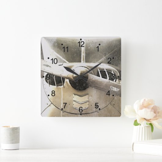 アンティーク飛行機レトロの正方形クロック スクエア壁時計 (ホーム)