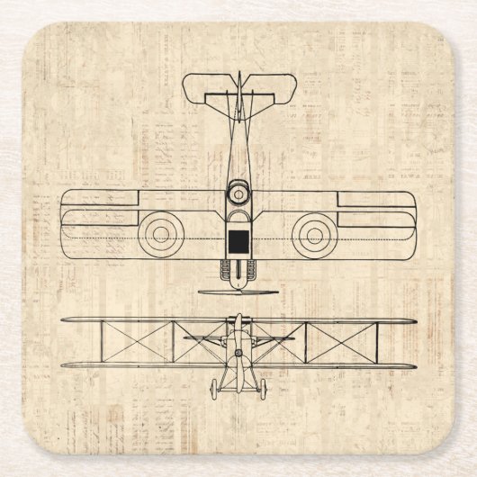アンティーク飛行機図ヴィンテージ飛行機アート スクエアペーパーコースター (正面)