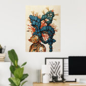 アンティーク騎士ヘルメットと赤い青い羽毛 ポスター (ホームオフィス)