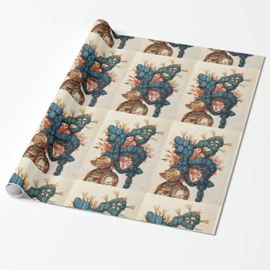 アンティーク騎士ヘルメットと赤い青い羽毛 ラッピングペーパー (アンロールド)