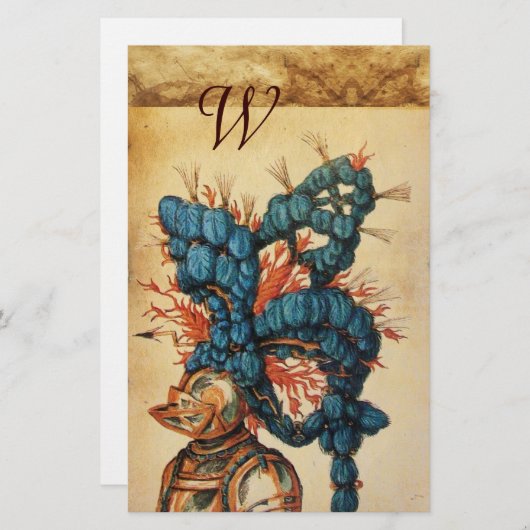 アンティーク騎士ヘルメットと赤い青い羽毛 便箋 (正面/裏面)