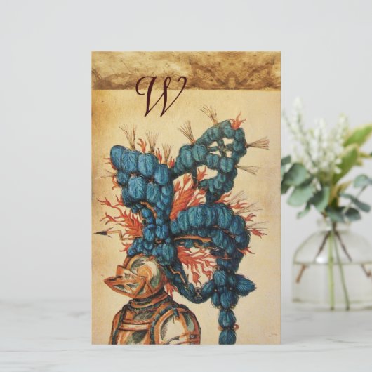 アンティーク騎士ヘルメットと赤い青い羽毛 便箋 (スタンド正面)