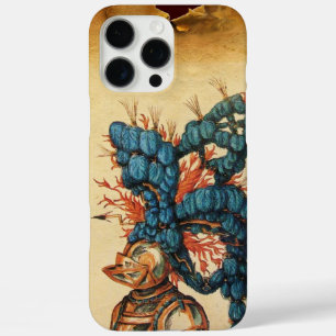アンティーク騎士ヘルメットと赤い青い羽毛 iPhone 16 PRO MAXケース
