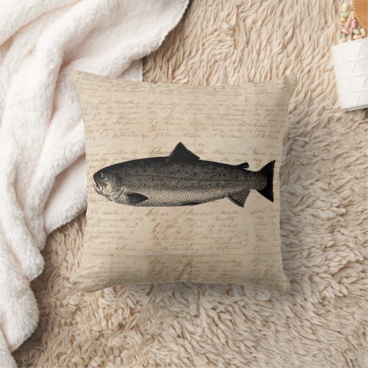 アンティーク魚釣りアートトラウト魚イラストレーションスクリプト クッション (ブランケット)