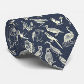 アンティーク鳥イラストレーション版木、銅版、版画クリームネイビー ネクタイ (ロール)