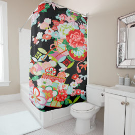 アンティーク黒日本の赤フローラ花 シャワーカーテン
