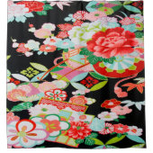 アンティーク黒日本の赤フローラ花 シャワーカーテン (正面)