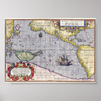 アンティーク1589年の太平洋海地図 ポスター