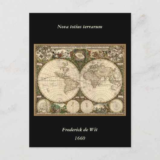 アンティーク1660世界地図Frederick de Wit ポストカード (正面)