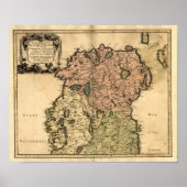 アンティーク1665年現在の北アイルランドの地図 ポスター (正面)