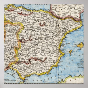 アンティーク1700年代のスペインとポルトガルの地図 ポスター