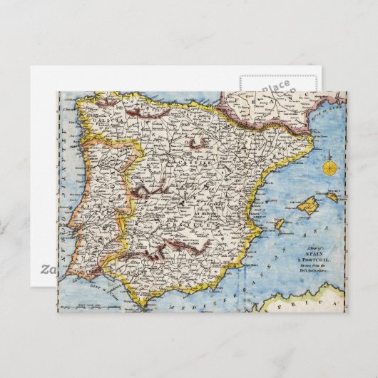 アンティーク1700年代のスペインとポルトガルの地図 ポストカード (正面/裏面)