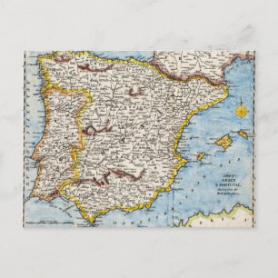 アンティーク1700年代のスペインとポルトガルの地図 ポストカード