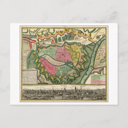 アンティーク1730ポーランド,グダンスクの地図 ポストカード (正面)