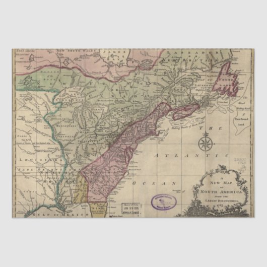 アンティーク1763北アメリカ地図、復元されたデコページ 薄葉紙 (正面)